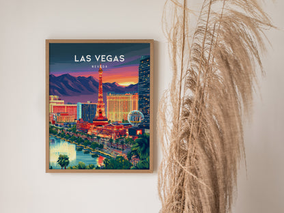 Las Vegas, Nevada Poster | Neon Lights & Desert Skyline Wall Art — styled in a modern interior