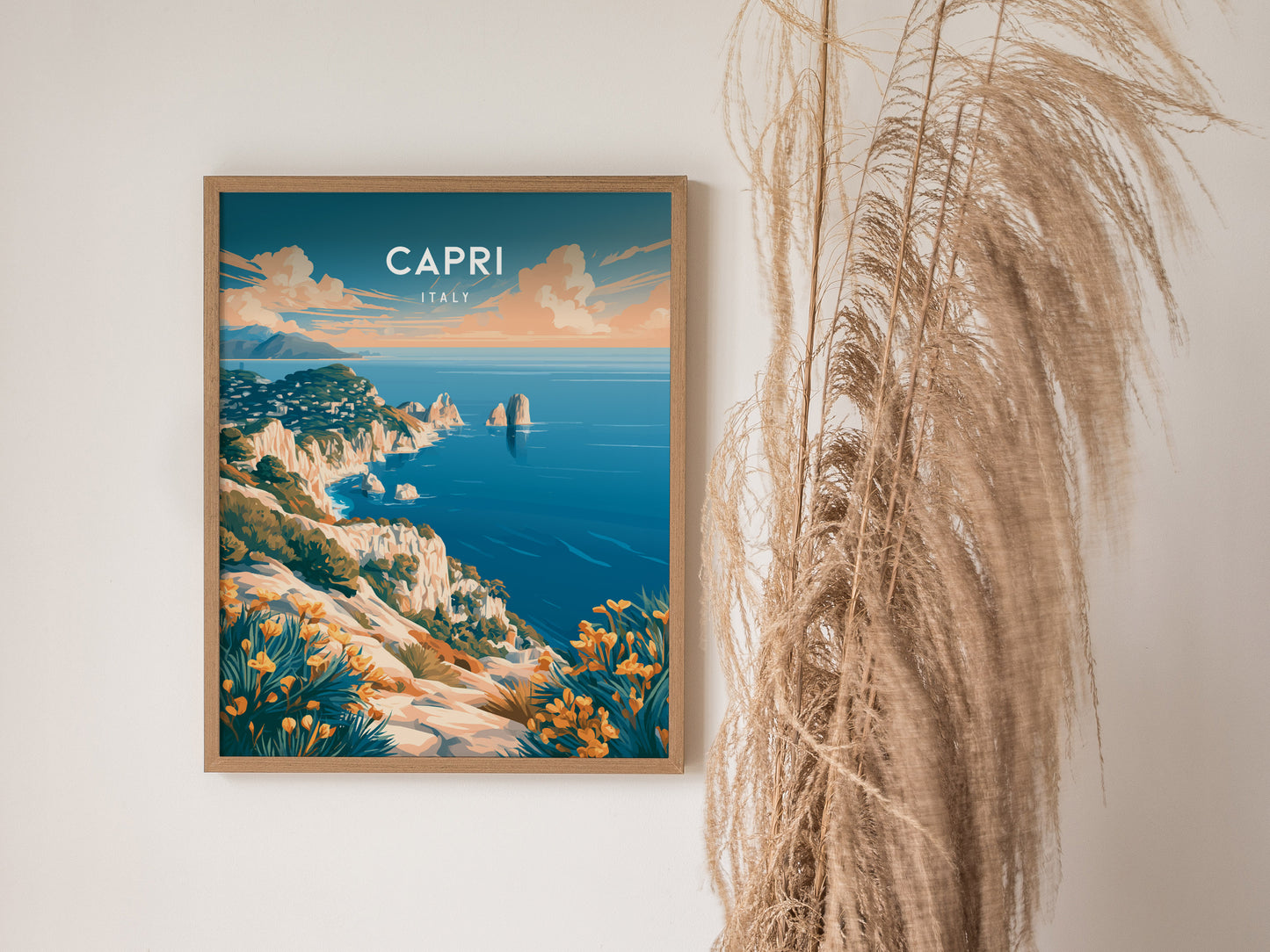 Capri, Italy Poster | Mediterranean Island Coastal Beach Decor Wall Art — styled in a modern interior
