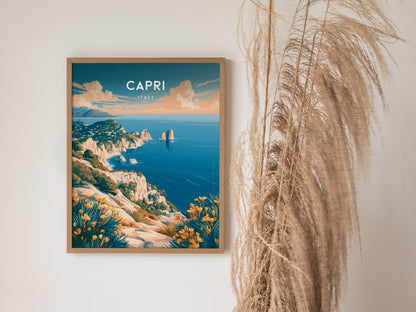Capri, Italy Poster | Mediterranean Island Coastal Beach Decor Wall Art — styled in a modern interior
