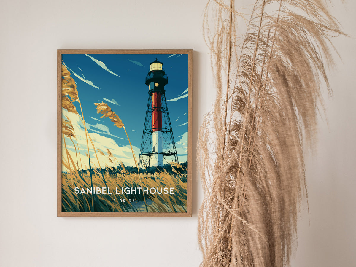 Sanibel Lighthouse, Florida Poster | Gulf Coast Beacon Coastal Decor Wall Art — styled in a modern interior