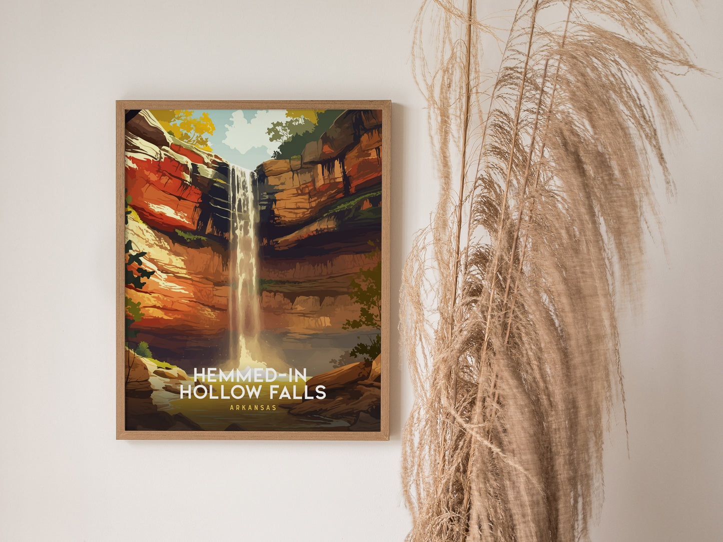 Illustration of Hemmed-In Hollow Falls in Arkansas, featuring vibrant cliffs, lush greenery, and a serene blue sky in a vintage travel art style.