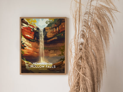 Illustration of Hemmed-In Hollow Falls in Arkansas, featuring vibrant cliffs, lush greenery, and a serene blue sky in a vintage travel art style.