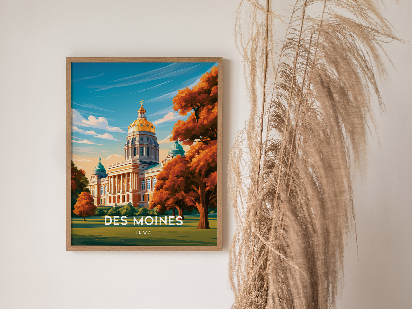 Des Moines, Iowa Poster | Golden Dome & Skyline Destination Print Wall Art — styled in a modern interior