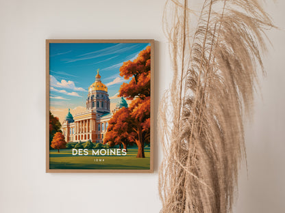 Des Moines, Iowa Poster | Golden Dome & Skyline Destination Print Wall Art — styled in a modern interior