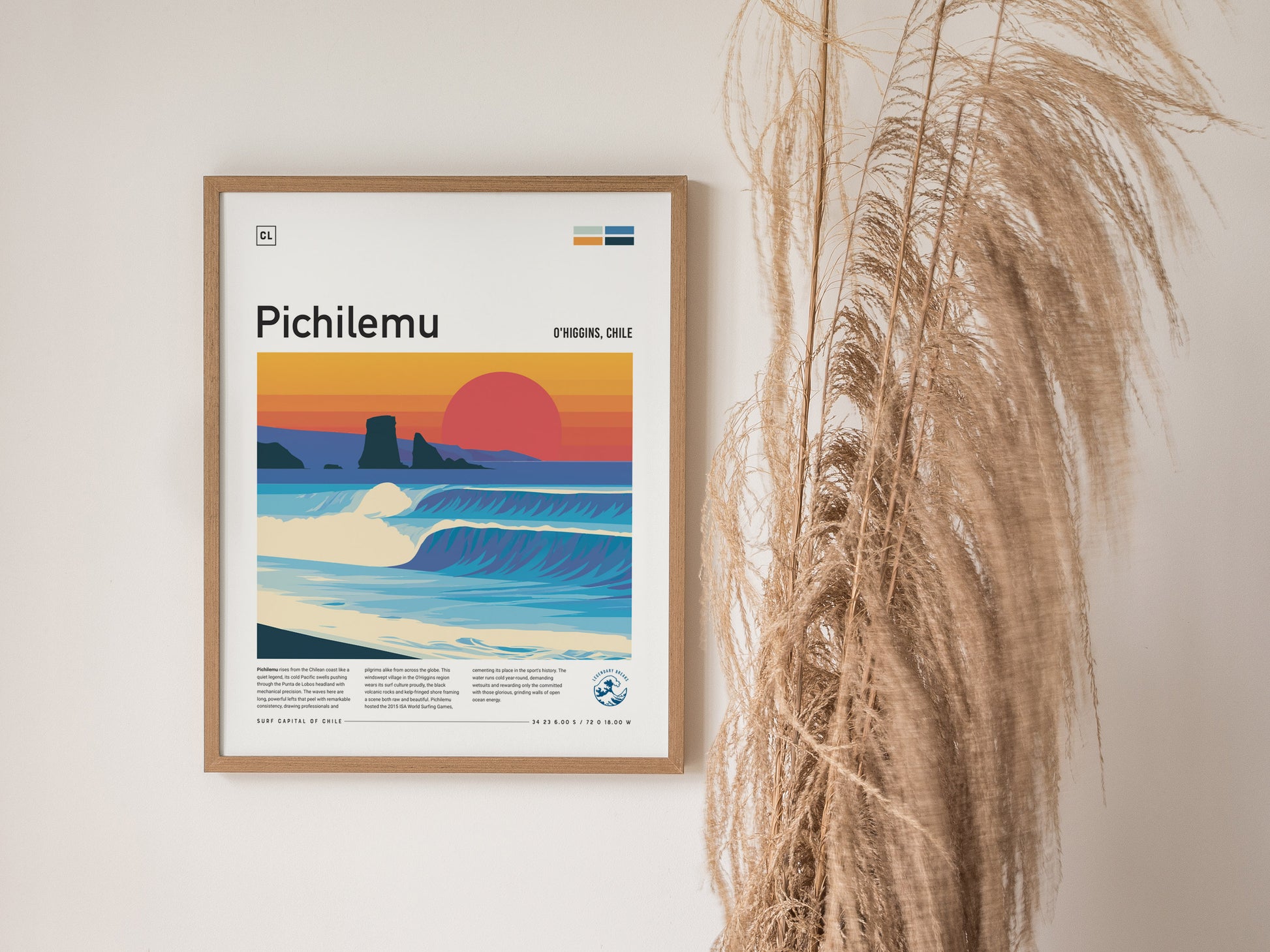 Pichilemu, Chile Poster | Pacific Surf & Coastal Cliffs Wall Art — styled in a modern interior