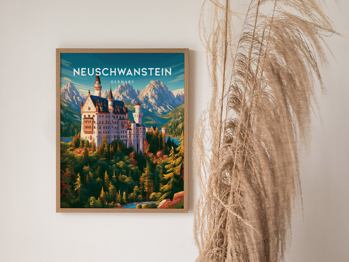Neuschwanstein, Germany Poster | Fairytale Castle Bavarian Alps Wall Art — styled in a modern interior
