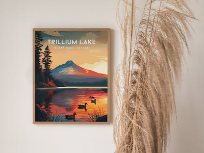 Trillium Lake, Mount Hood, Oregon Poster | Alpine Reflection Destination Print Wall Art — styled in a modern interior