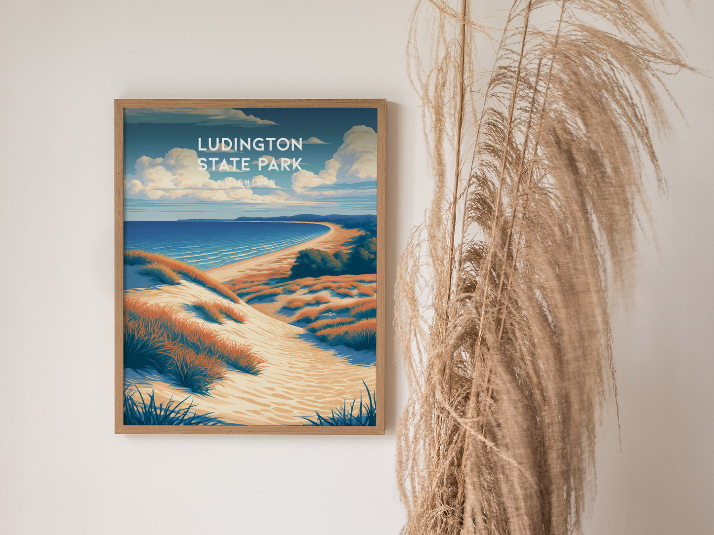 Ludington State Park, Michigan Poster | Dunes & Lighthouse Lakeshore Wall Art — styled in a modern interior