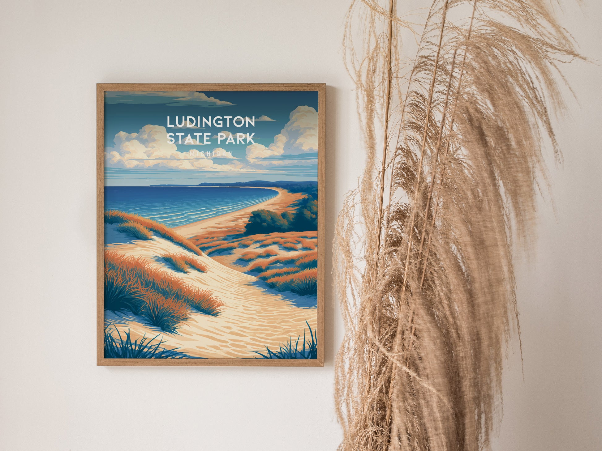 Ludington State Park, Michigan Poster | Dunes & Lighthouse Lakeshore Wall Art — styled in a modern interior
