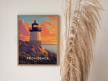 A framed poster of a lighthouse at sunset labeled Providence Rhode Island hangs on a wall beside tall, dried pampas grass.