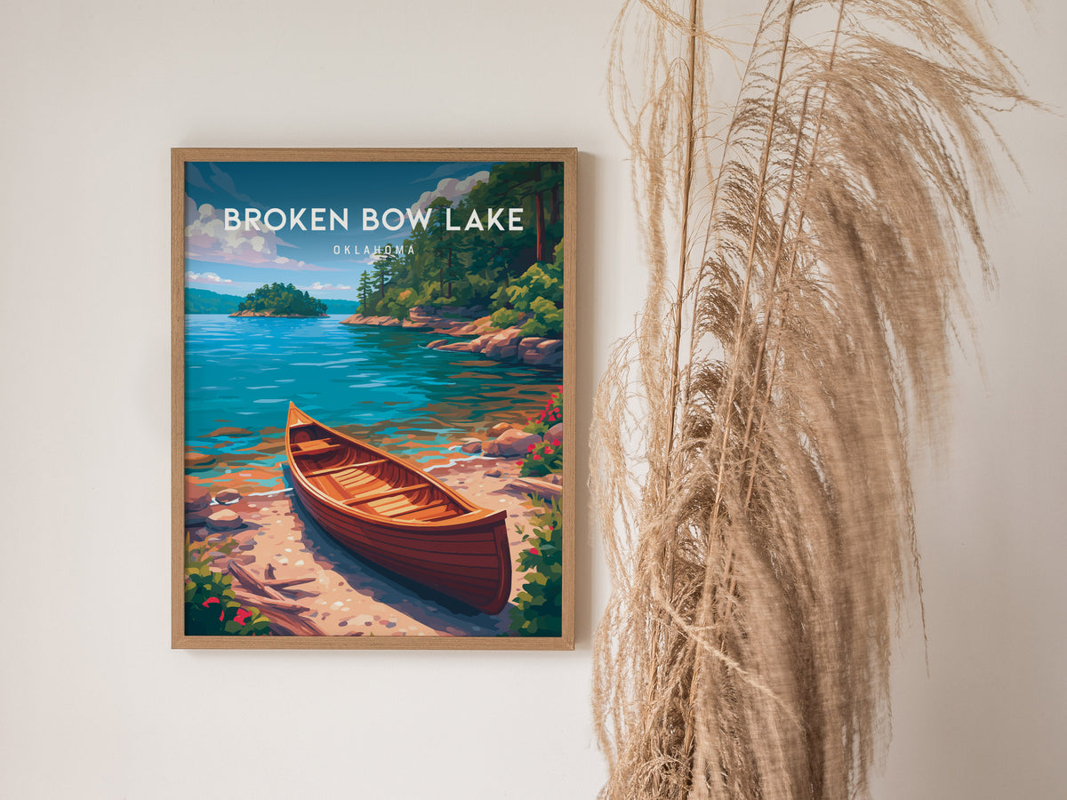 Broken Bow Lake, Oklahoma Poster | Pine Forest & Lake Retreat Wall Art — styled in a modern interior