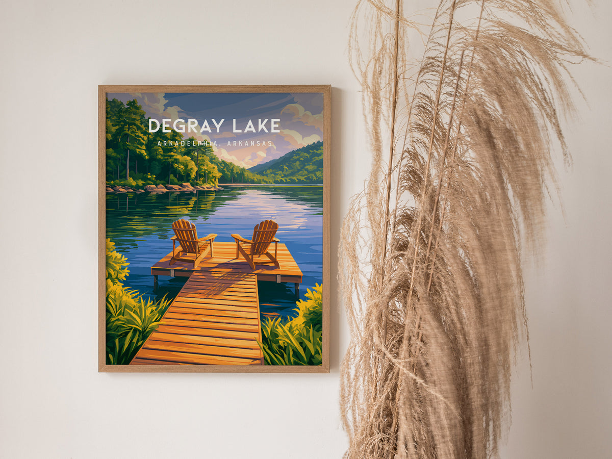 DeGray Lake, Arkadelphia, Arkansas Poster | Lakeside Serenity Travel Wall Art — styled in a modern interior