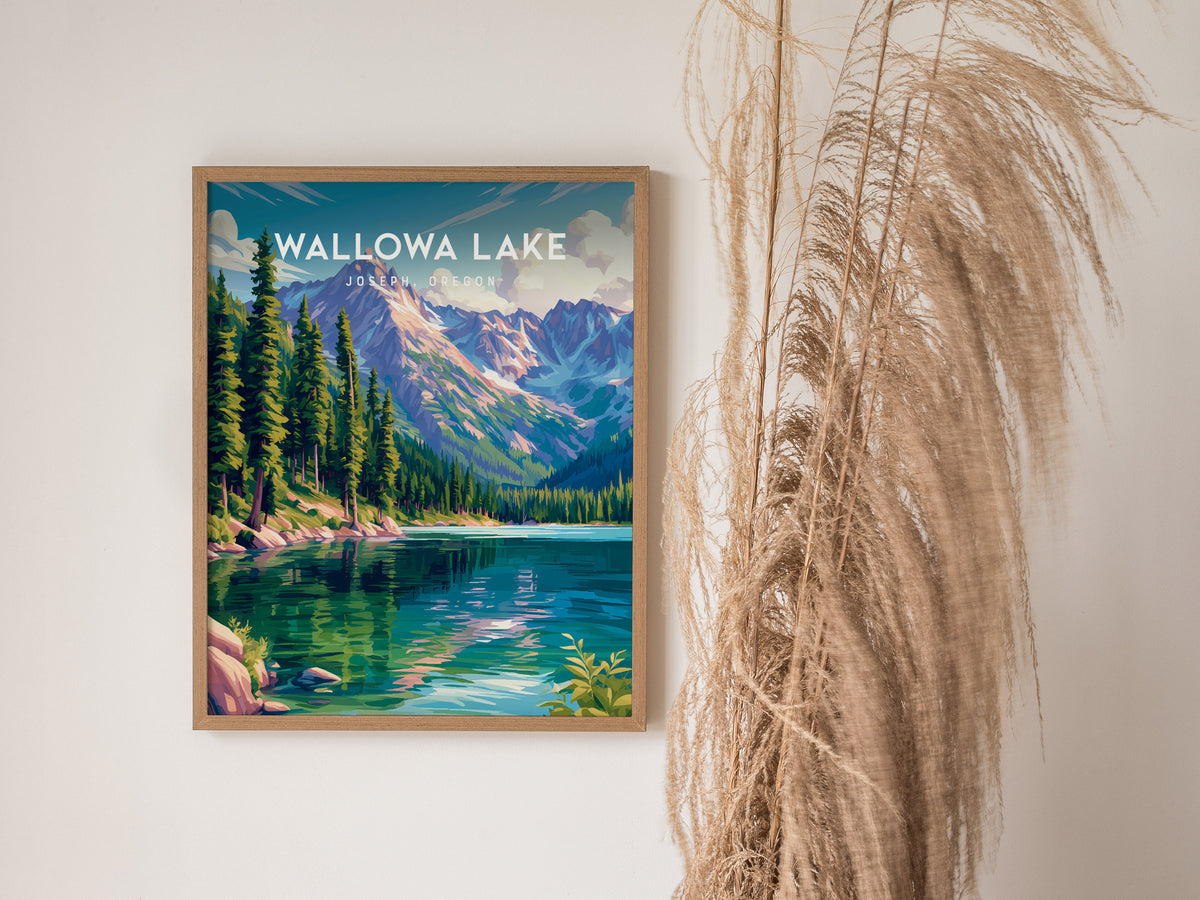 Wallowa Lake, Joseph, Oregon Poster | Mountain Lodge Destination Print Wall Art — styled in a modern interior