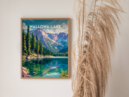 Wallowa Lake, Joseph, Oregon Poster | Mountain Lodge Destination Print Wall Art — styled in a modern interior