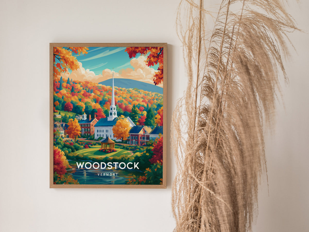 Woodstock, Vermont Poster | New England Covered Bridge Vacation Wall Art — styled in a modern interior