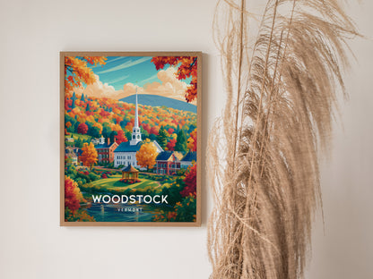 Woodstock, Vermont Poster | New England Covered Bridge Vacation Wall Art — styled in a modern interior
