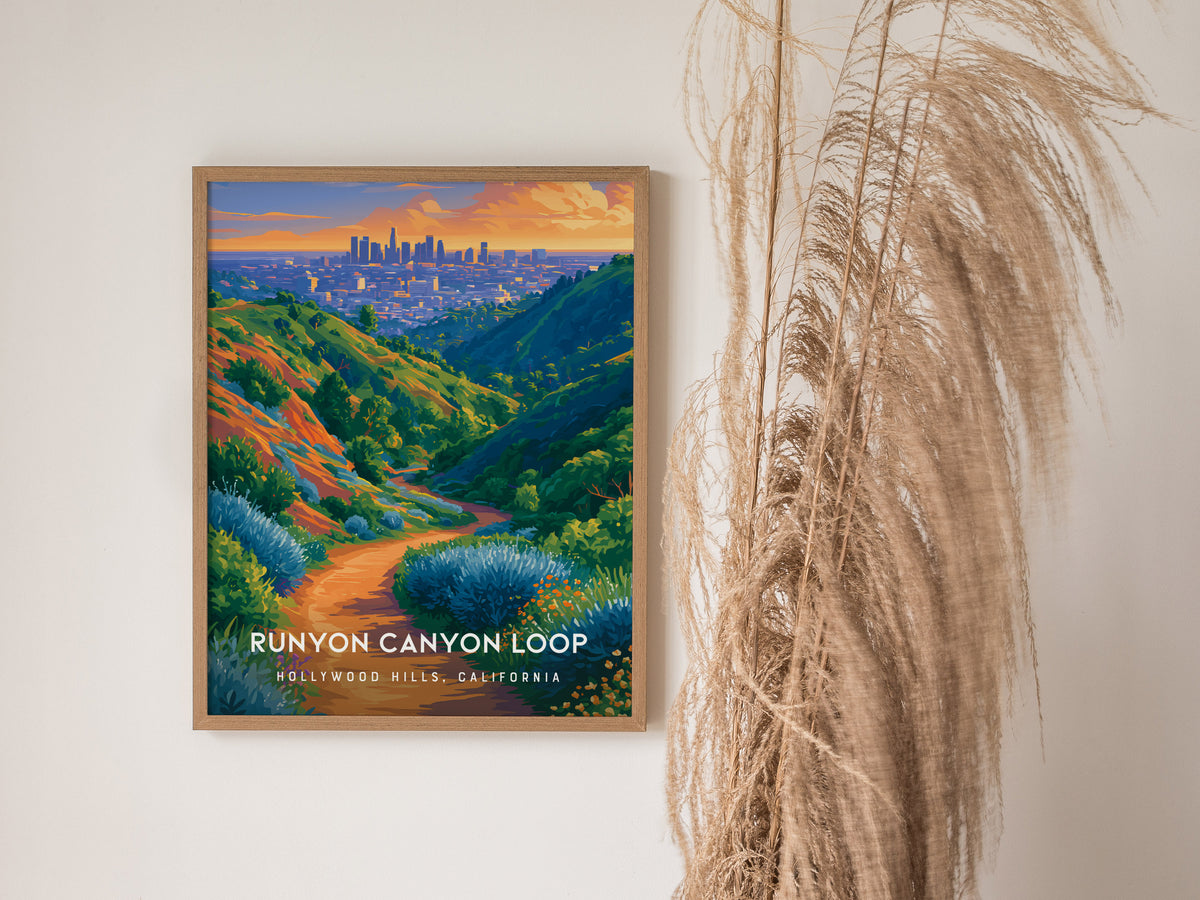 Runyon Canyon Loop, Hollywood Hills, California Poster | Hiking Trail & City Skyline Wall Art — styled in a modern interior