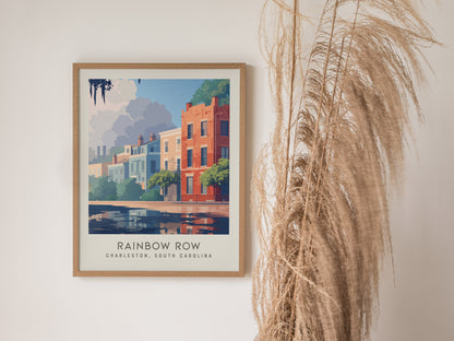 Rainbow Row Matte Border Poster | Charleston South Carolina Travel Wall Art — styled in a modern interior