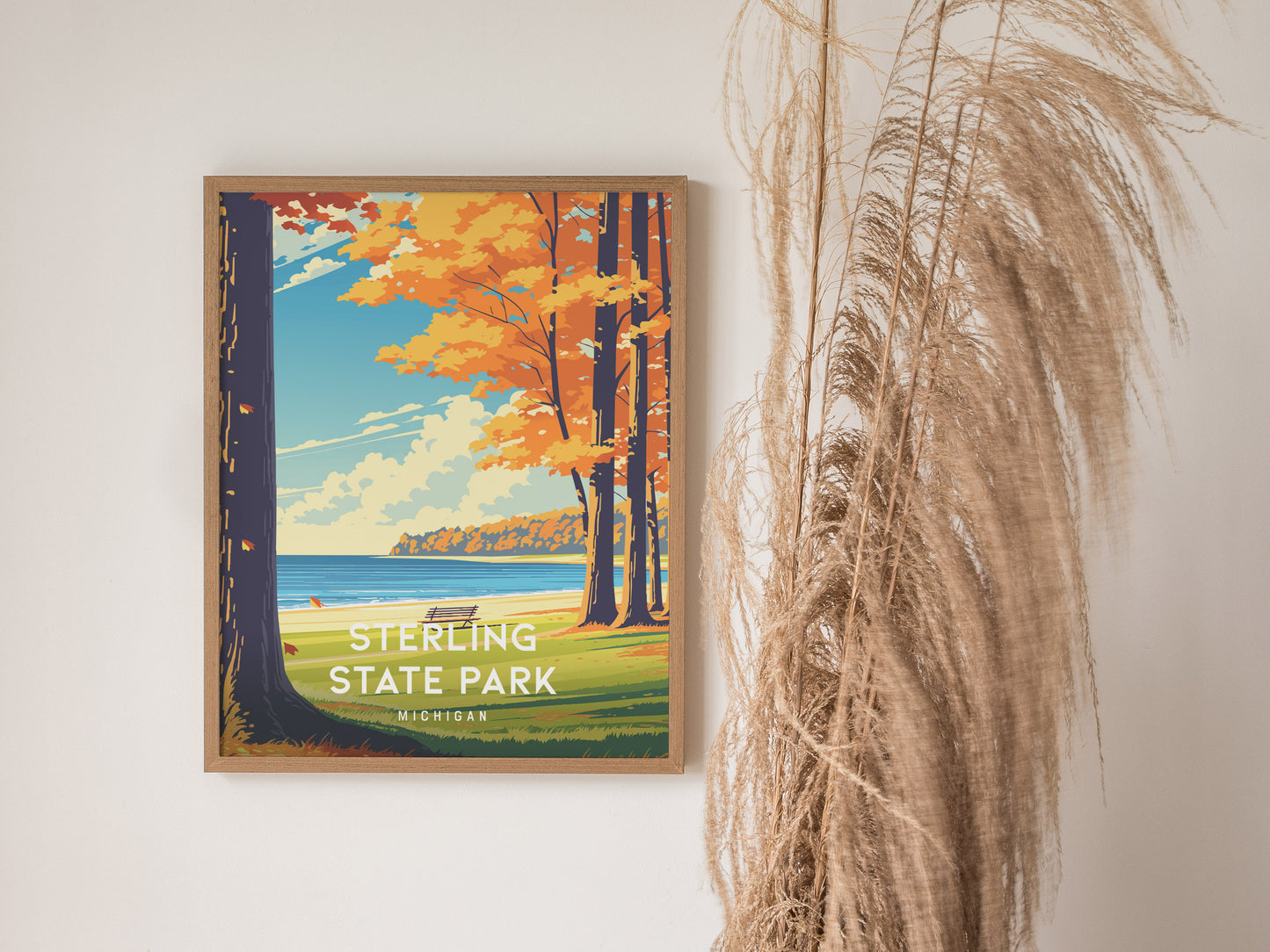 Sterling State Park, Michigan Poster | Lakeside Marshland & Sunset Wall Art — styled in a modern interior