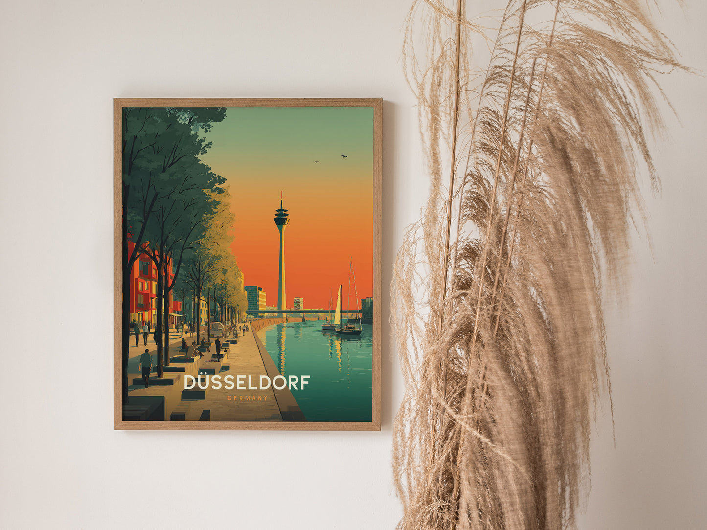 Vintage Düsseldorf cityscape poster featuring the Rheinturm, vibrant orange and teal sky, and tree-lined promenade. Perfect travel art.