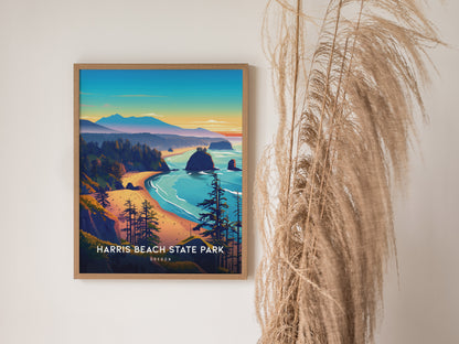 A framed poster of Harris Beach State Park depicts a scenic coastal view with sea stacks, cliffs, and trees. It is displayed on a wall next to tall, dry grasses.