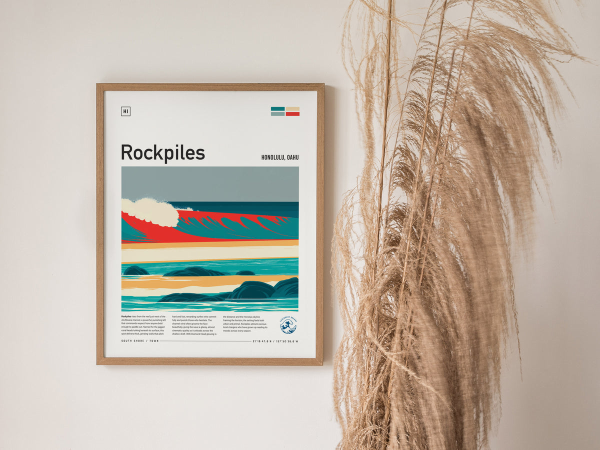 Rockpiles, Hawaii Poster | Golden Hour North Shore Surf Wall Art — styled in a modern interior