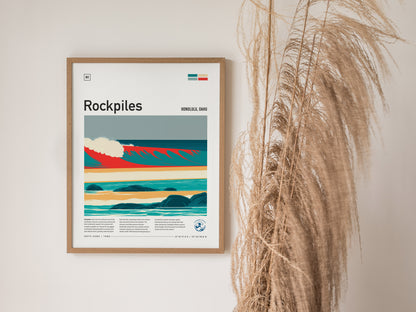 Rockpiles, Hawaii Poster | Golden Hour North Shore Surf Wall Art — styled in a modern interior