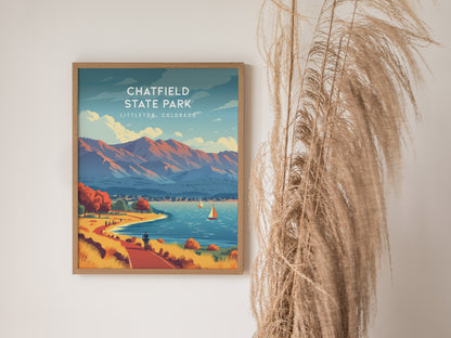 Chatfield State Park, Littleton, Colorado Poster | Mountain Lake Destination Print Wall Art — styled in a modern interior