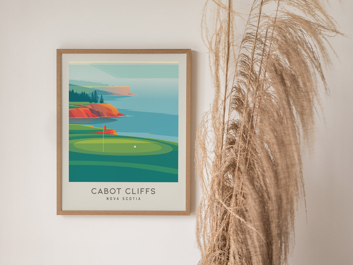 Cabot Cliffs Matte Border Poster | Nova Scotia Golf Wall Art Golfer Gift — styled in a modern interior