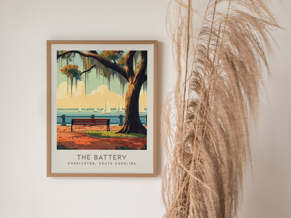 The Battery Matte Border Poster | Charleston, South Carolina Coastal Beach Decor — styled in a modern interior
