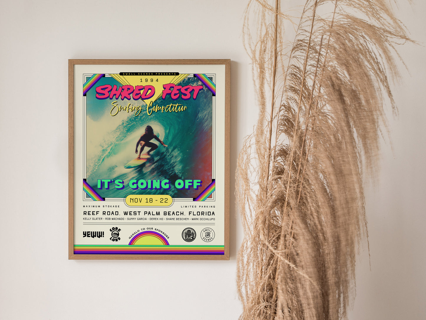 Surfer riding a vibrant blue wave in a retro "Shred Fest 1994" poster, showcasing bold typography and colorful accents for surf art decor.