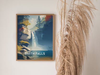 Smith Falls, Nebraska Poster | Waterfall Adventure Destination Print Wall Art — styled in a modern interior