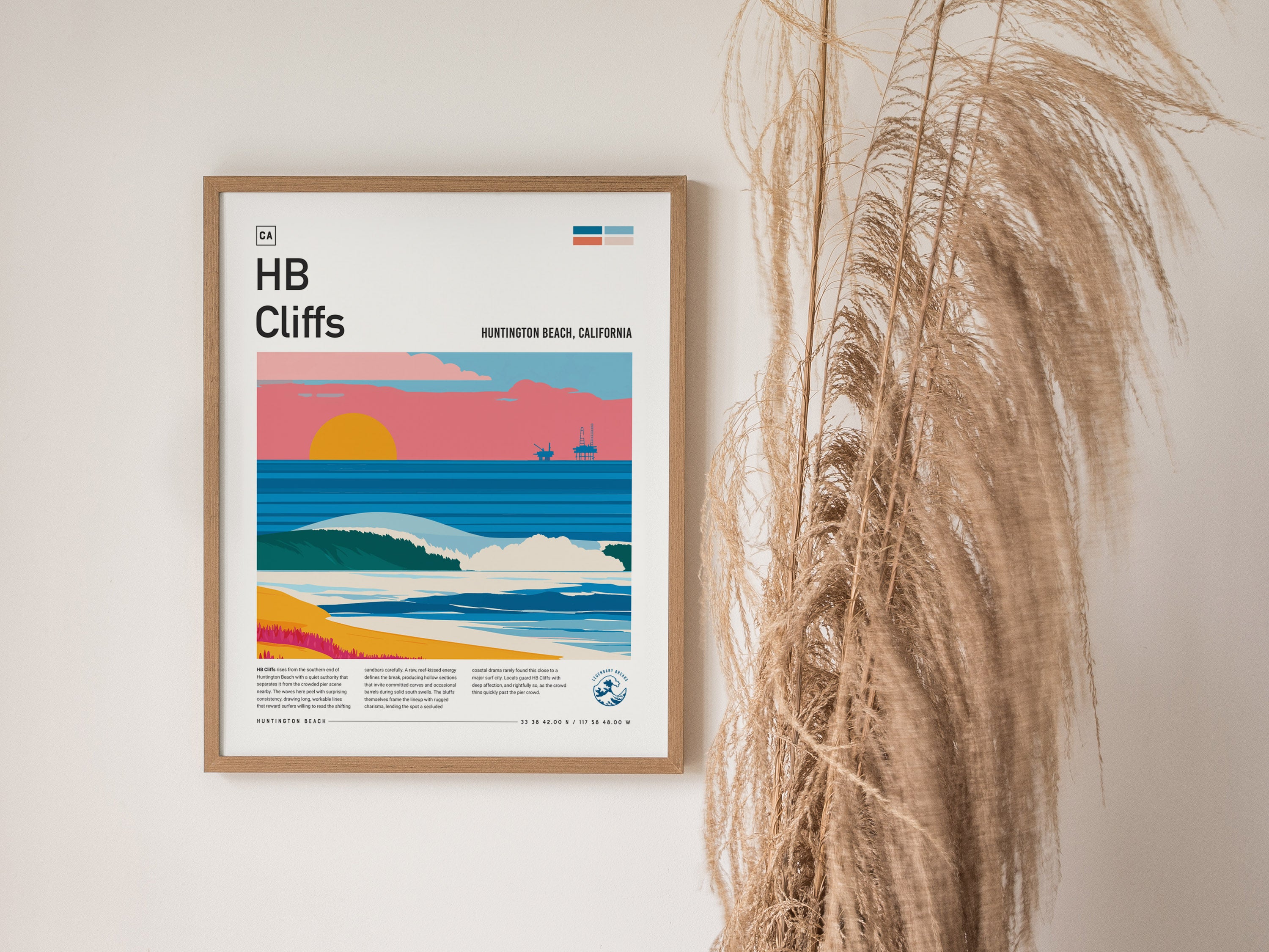 HB Cliffs, California Poster | Golden Bluffs & Surf Break Wall Art