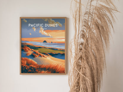 Pacific Dunes, Oregon Poster | Windswept Coast Destination Print Wall Art — styled in a modern interior