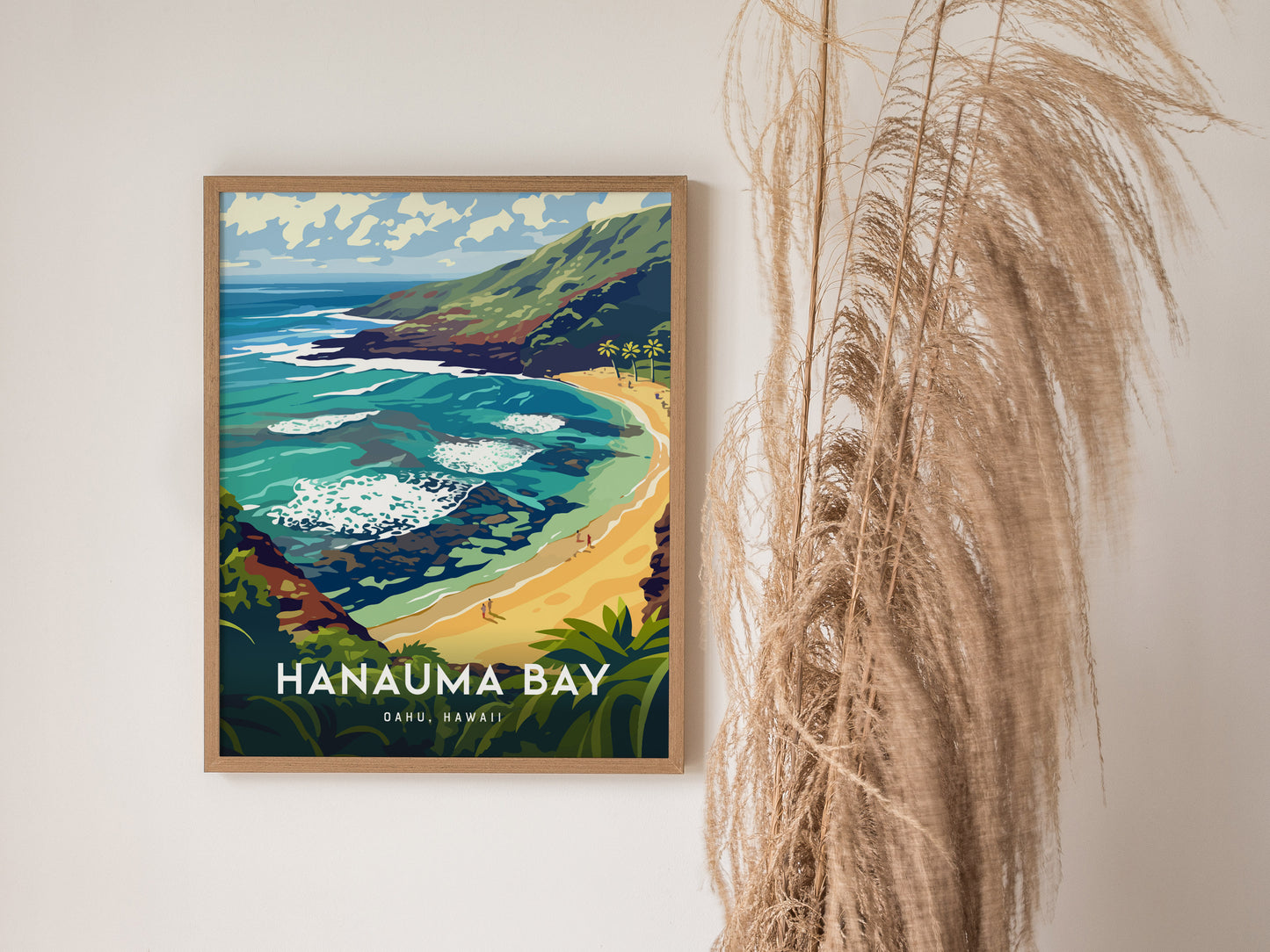 Hanauma Bay Framed Poster, Oahu Snorkeling Beach Wall Art, Hawaii Diving Travel Print, Hawaiian Tropical Home Decor