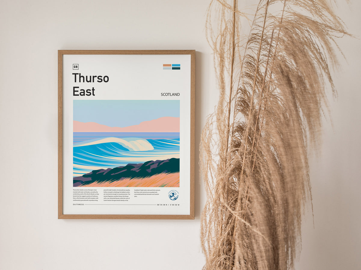 Thurso East, Scotland Poster | Highland Surf Destination Print Wall Art — styled in a modern interior