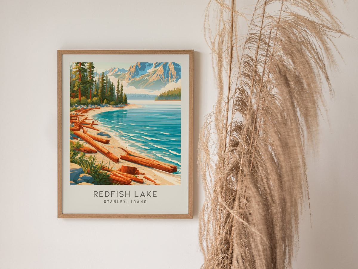Redfish Lake Matte Border Poster | Stanley, Idaho Travel Wall Art — styled in a modern interior