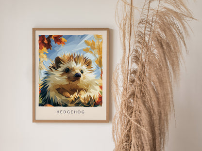 Hedgehog, Erinaceus europaeus Poster | Woodland Wildlife Wall Art — styled in a modern interior