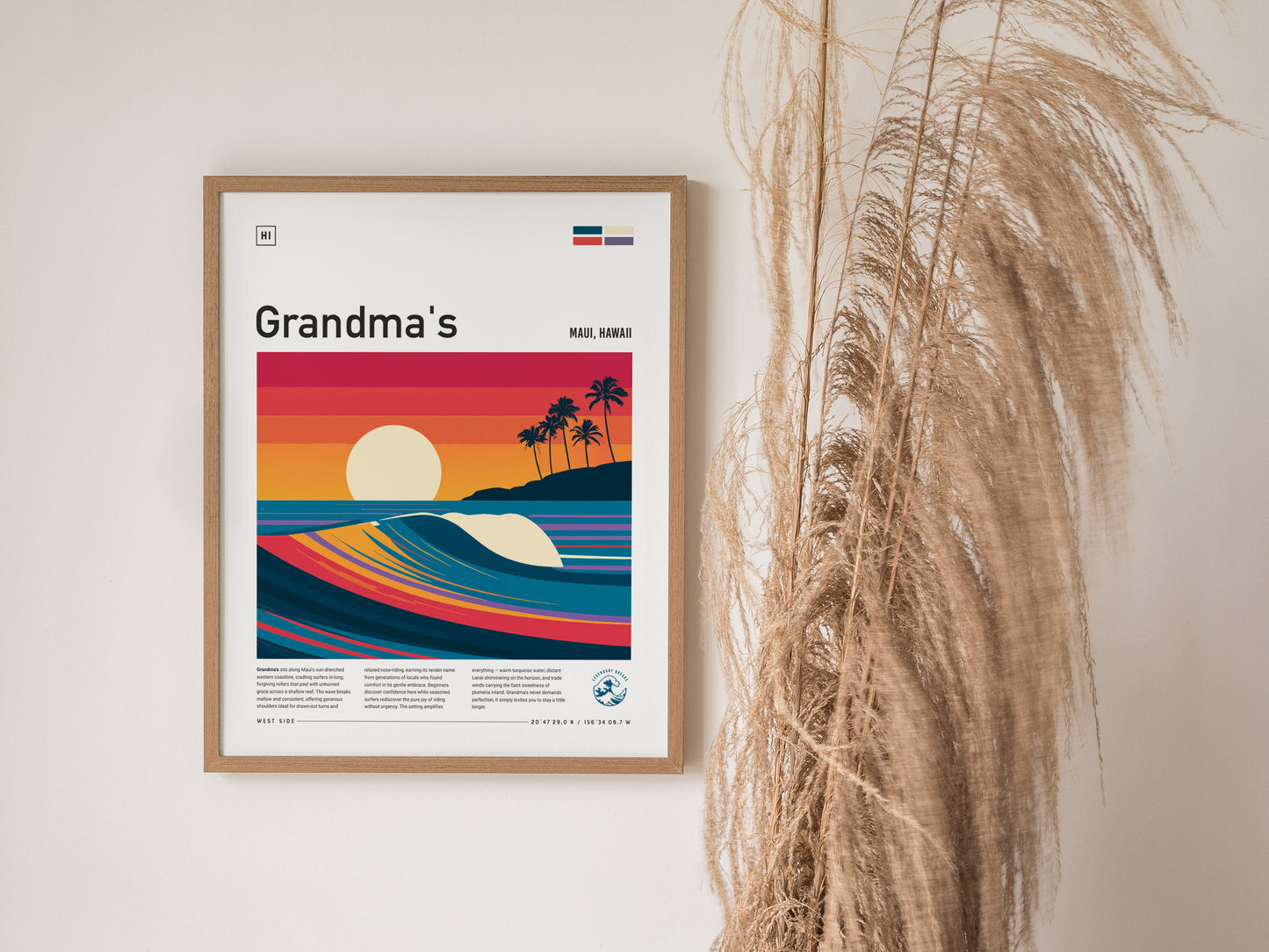 Grandma's, Maui, Hawaii Poster | Tropical Surf Wall Art — styled in a modern interior
