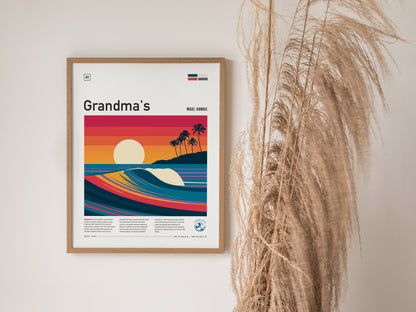 Grandma's, Maui, Hawaii Poster | Tropical Surf Wall Art — styled in a modern interior