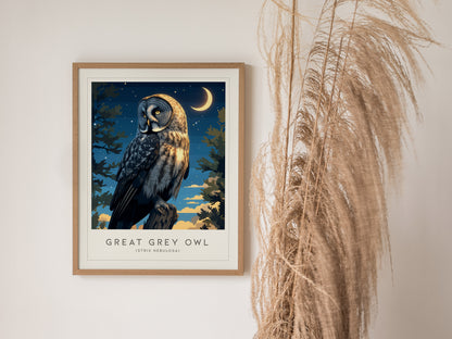 Great Grey Owl Poster | Nocturnal Bird Lover Witchy Wall Art