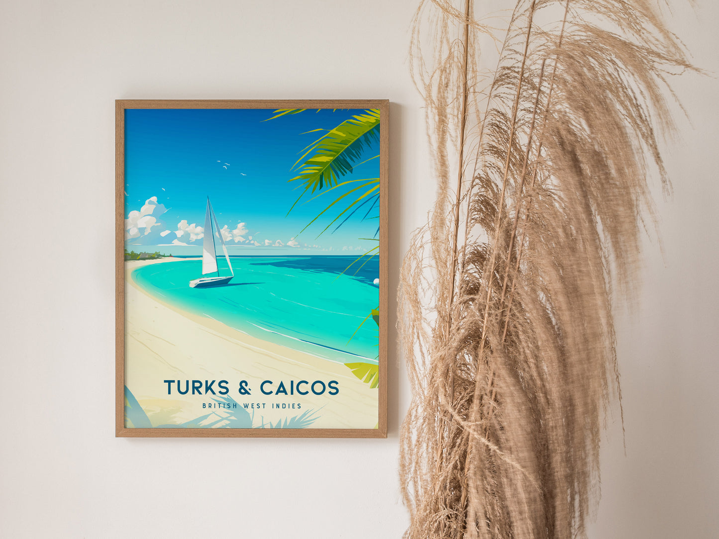 Framed Turks & Caicos beach poster featuring a sailboat on turquoise waters, framed by vibrant palm leaves and soft beige sand.
