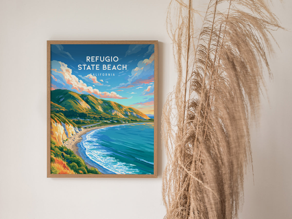 Refugio State Beach, California Poster | Golden Bluffs & Ocean Breeze Wall Art — styled in a modern interior