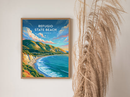 Refugio State Beach, California Poster | Golden Bluffs & Ocean Breeze Wall Art — styled in a modern interior
