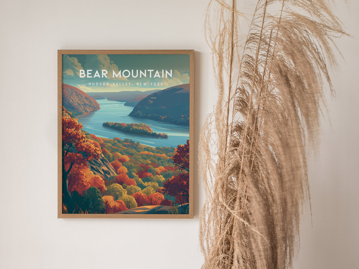 Bear Mountain, Hudson Valley, New York Poster | Scenic Hiking Trail Travel Wall Art — styled in a modern interior