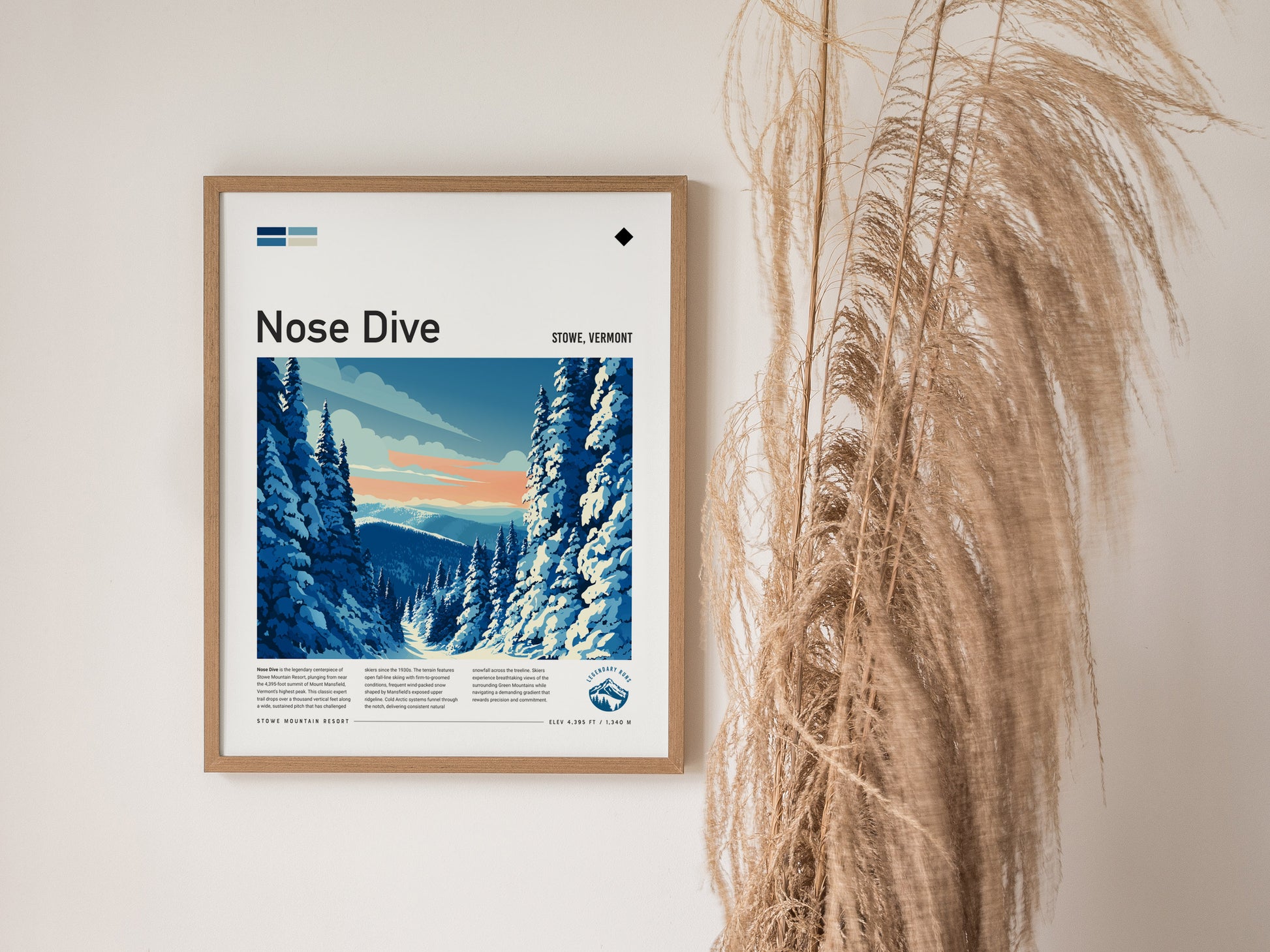 Nose Dive, Stowe, Vermont Poster | Bold Ski Run Mountain Wall Art — styled in a modern interior
