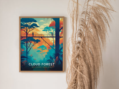 A colorful poster of a cloud forest shows a person walking on a canopy walkway surrounded by vibrant trees. It hangs on a wall next to decorative dried grasses.