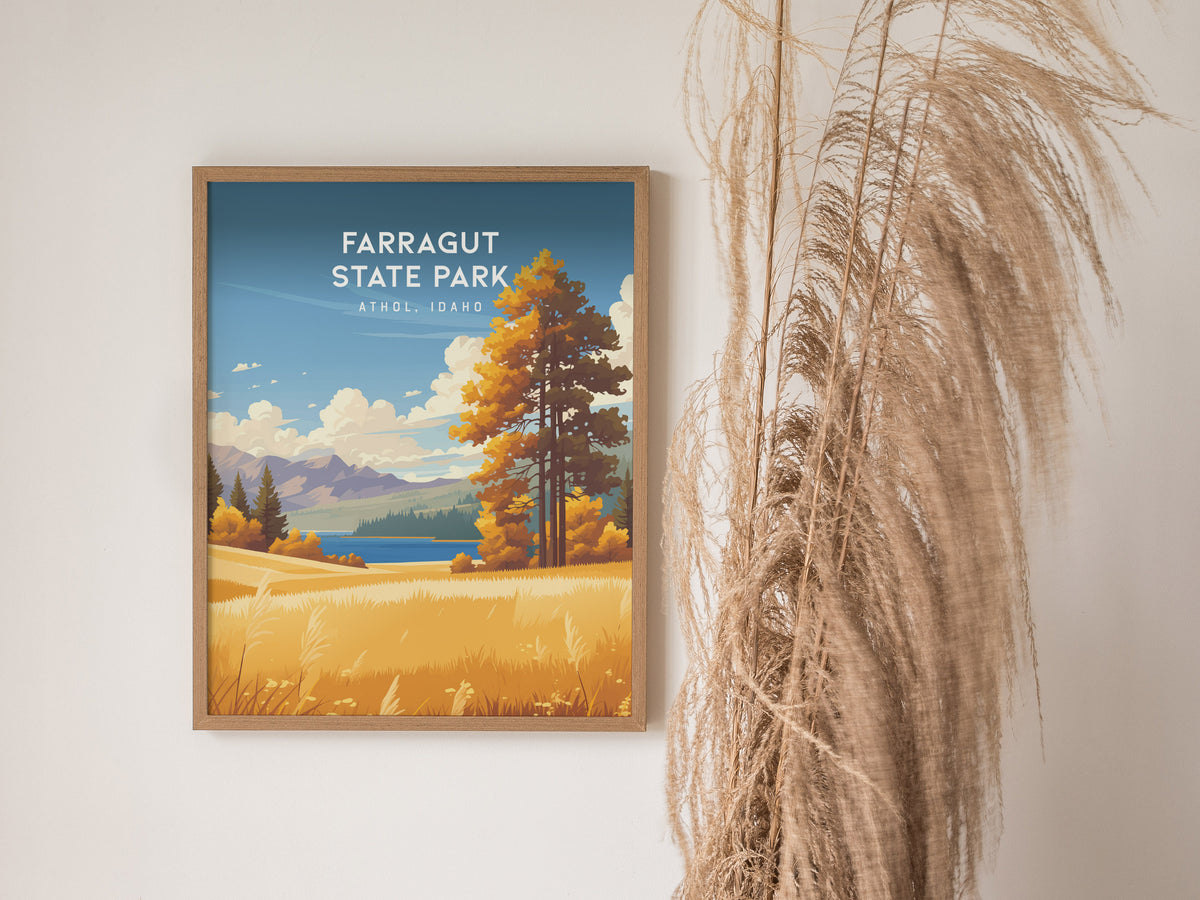 Farragut State Park, Athol, Idaho Poster | Lakeside Mountain Wilderness Destination Print Wall Art — styled in a modern inter