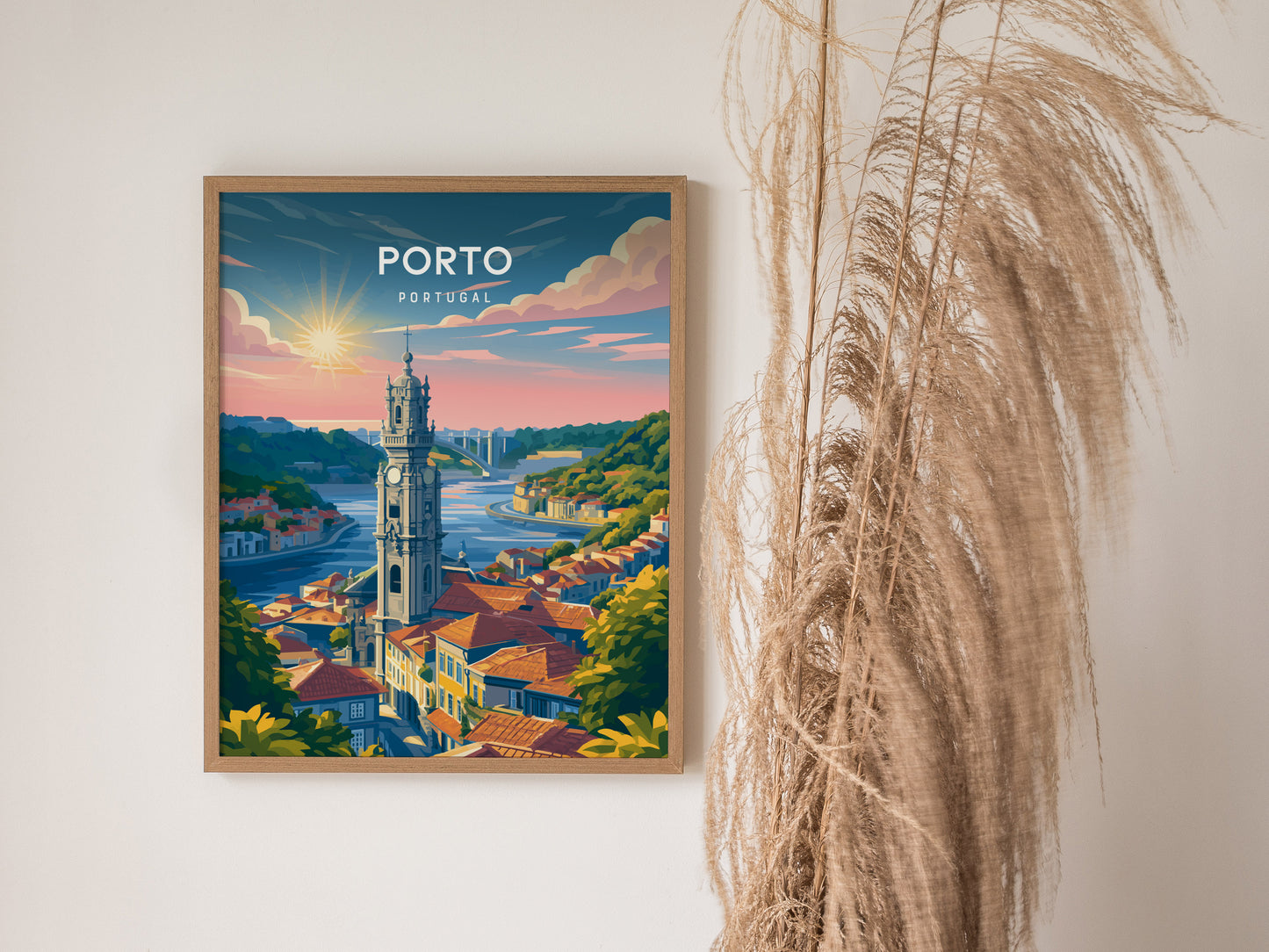 Porto, Portugal Poster | Rabelo Boats & Colorful Riverfront Wall Art — styled in a modern interior