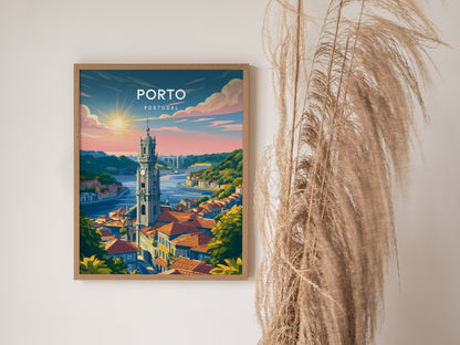 Porto, Portugal Poster | Rabelo Boats & Colorful Riverfront Wall Art — styled in a modern interior